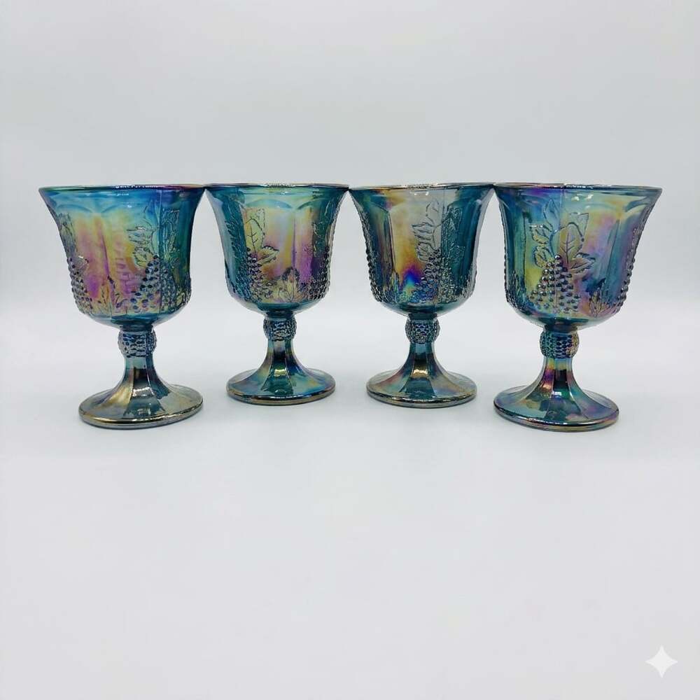 Set of 4 Vintage Indiana Glass Blue Iridescent Harvest Grape Goblets